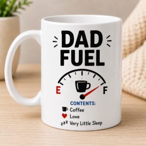Funny personalized Dad Fuel coffee mug with custom names, dates, or messages.