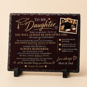 Personalized graduation slate plaque for daughter with name, photo, graduation year, and custom message.