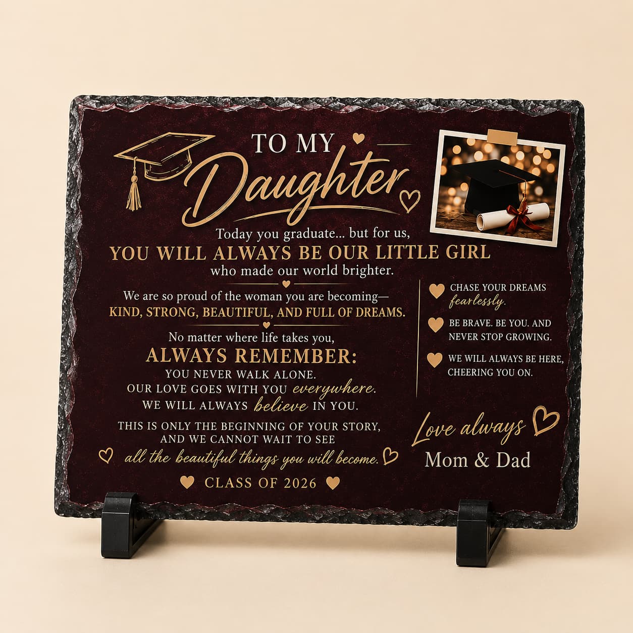 Personalized graduation slate plaque for daughter with name, photo, graduation year, and custom message.