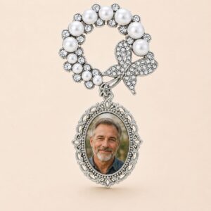 Personalized memorial photo brooch with custom picture, crystal details, and pearl accents
