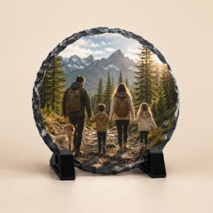 Mini Round Natural Slate Photo Plaque – 90 mm | Personalized Stone Ornament