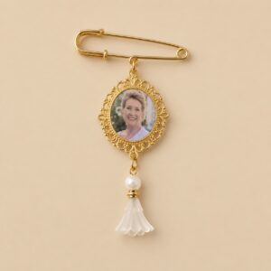 Personalized Gold Memorial Photo Brooch with Pearl Angel Charm