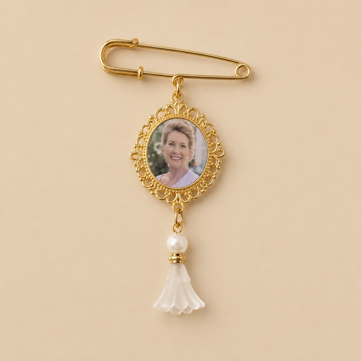 Personalized Gold Memorial Photo Brooch with Pearl Angel Charm