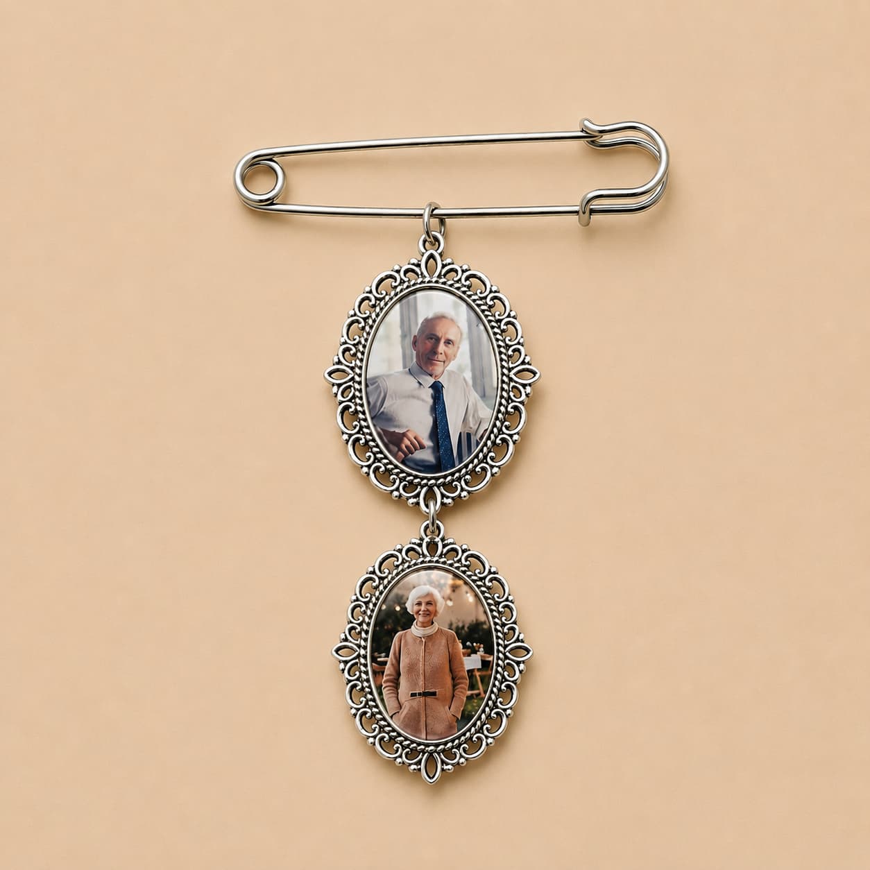 Personalized Double Photo Memorial Brooch