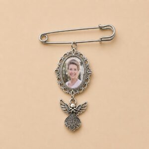 Personalized Memorial Photo Brooch with Angel Charm