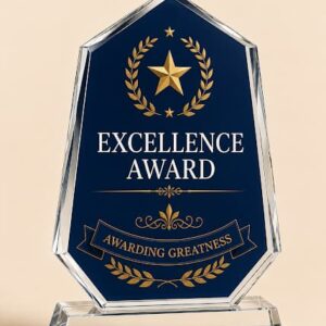ALT text: Personalized crystal excellence award with custom company logo and text in Edmonton