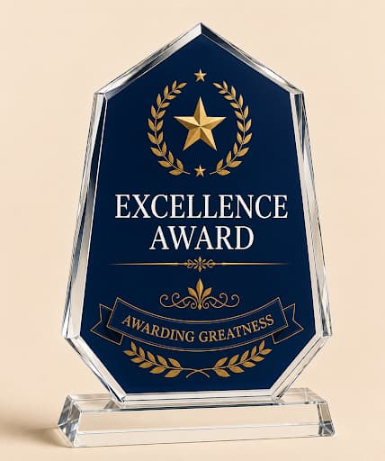 ALT text: Personalized crystal excellence award with custom company logo and text in Edmonton