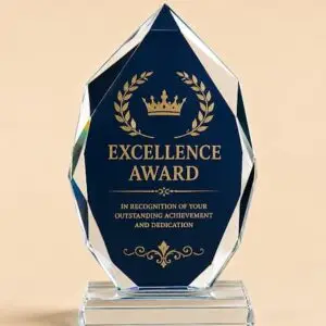 Personalized oval crystal corporate award with custom logo and text in Edmonton