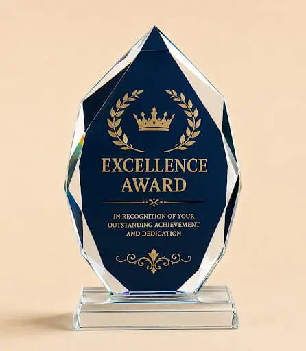 Personalized oval crystal corporate award with custom logo and text in Edmonton