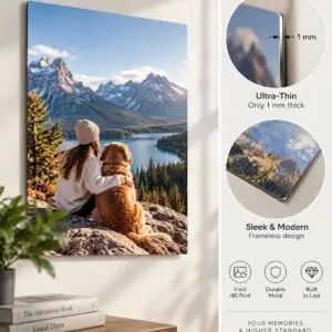 Personalized glossy HD metal photo panel, ultra-thin 1 mm frameless custom wall art printed in Edmonton by MEMOMAKERS