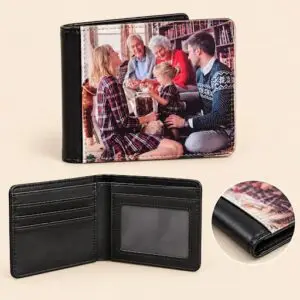 Stylish black wallet features a custom photo printed directly onto the front
